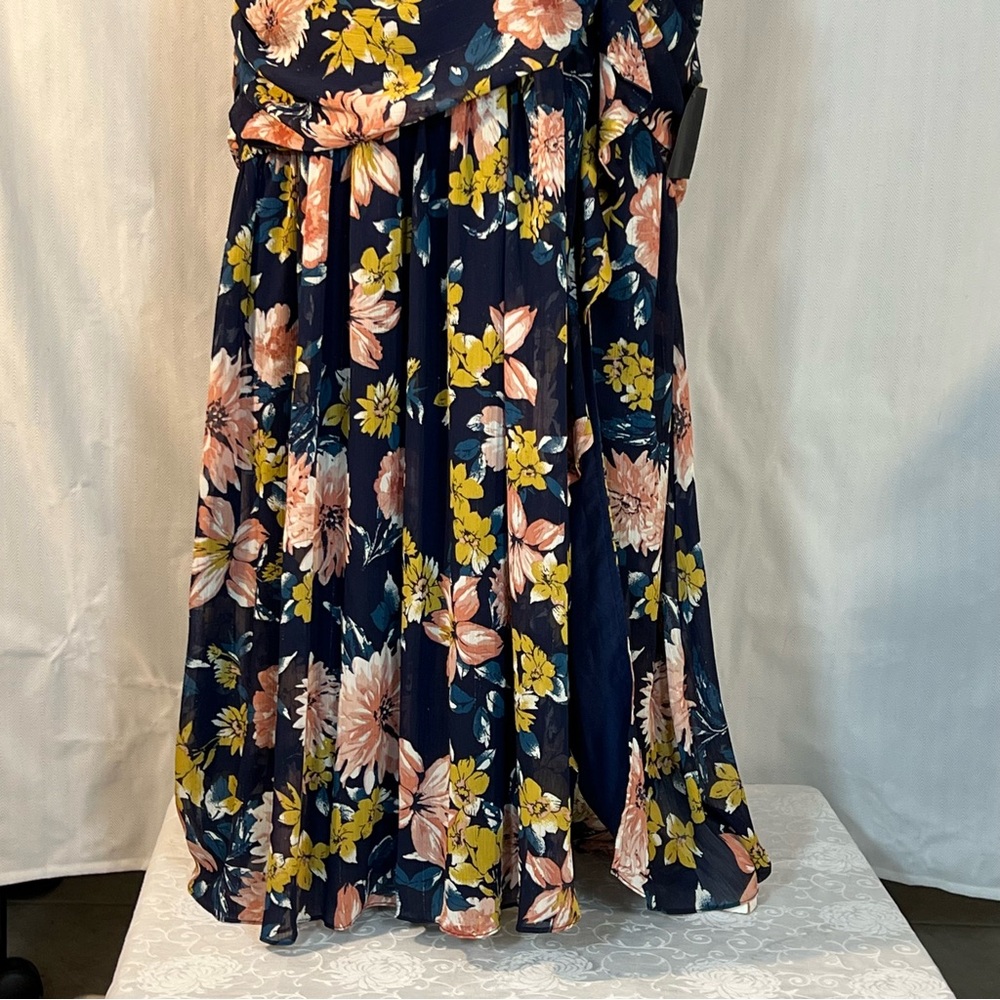 Lulus MIDI Floral Dress Blue Ruched Waist Flounce Skirt Slit Spaghetti Straps L - Picture 6 of 16